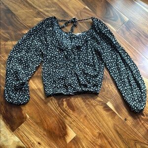 Altar'd State Black and Tan Ruched Tie Front Blouse